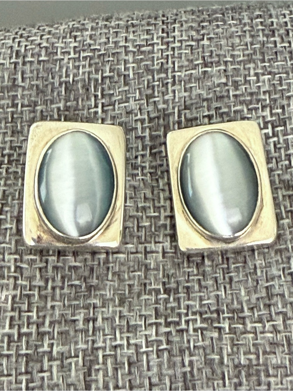 Vintage Mexico Sterling Silver Cats Eye Earrings Blue/Grey Color 19.3 Grams